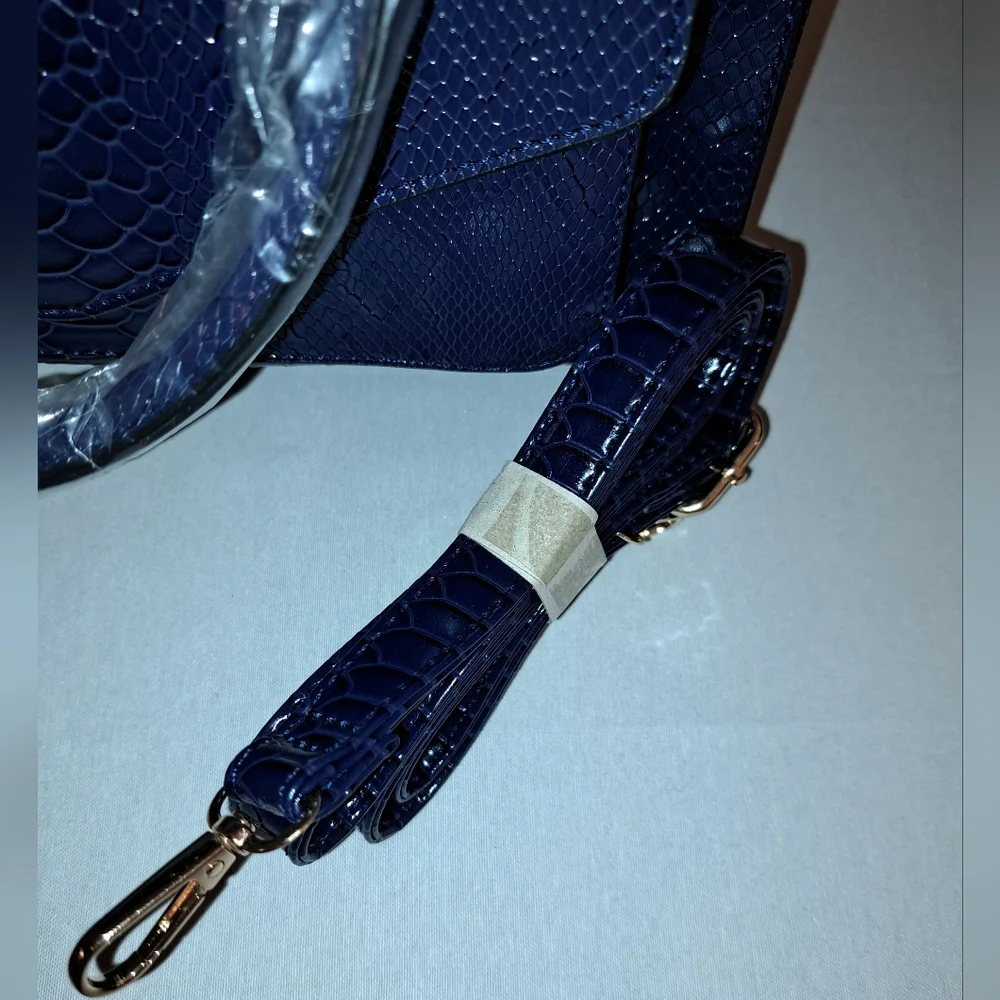Navy Blue Faux Snake Embossed Tote, Gold Hardware, Shoulder Strap Included, NEW! - Picture 11 of 14